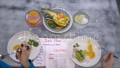 健身饮食，女孩吃蔬菜和水果的盘子坐在桌子上，有卡路里和饮食计划